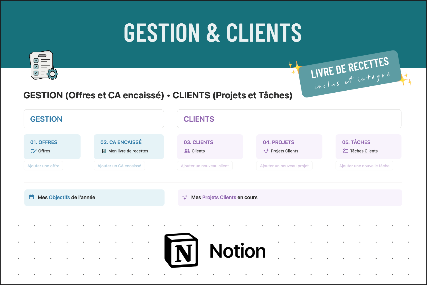 Template Notion GESTION PROJETS & CRM + LIVRE DE RECETTES