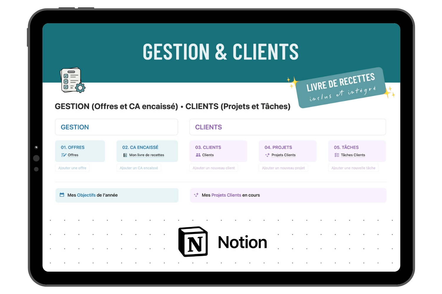 template-notion-gestion-projets-clients-crm-livre-de-recettes-ipad-glaz-studio